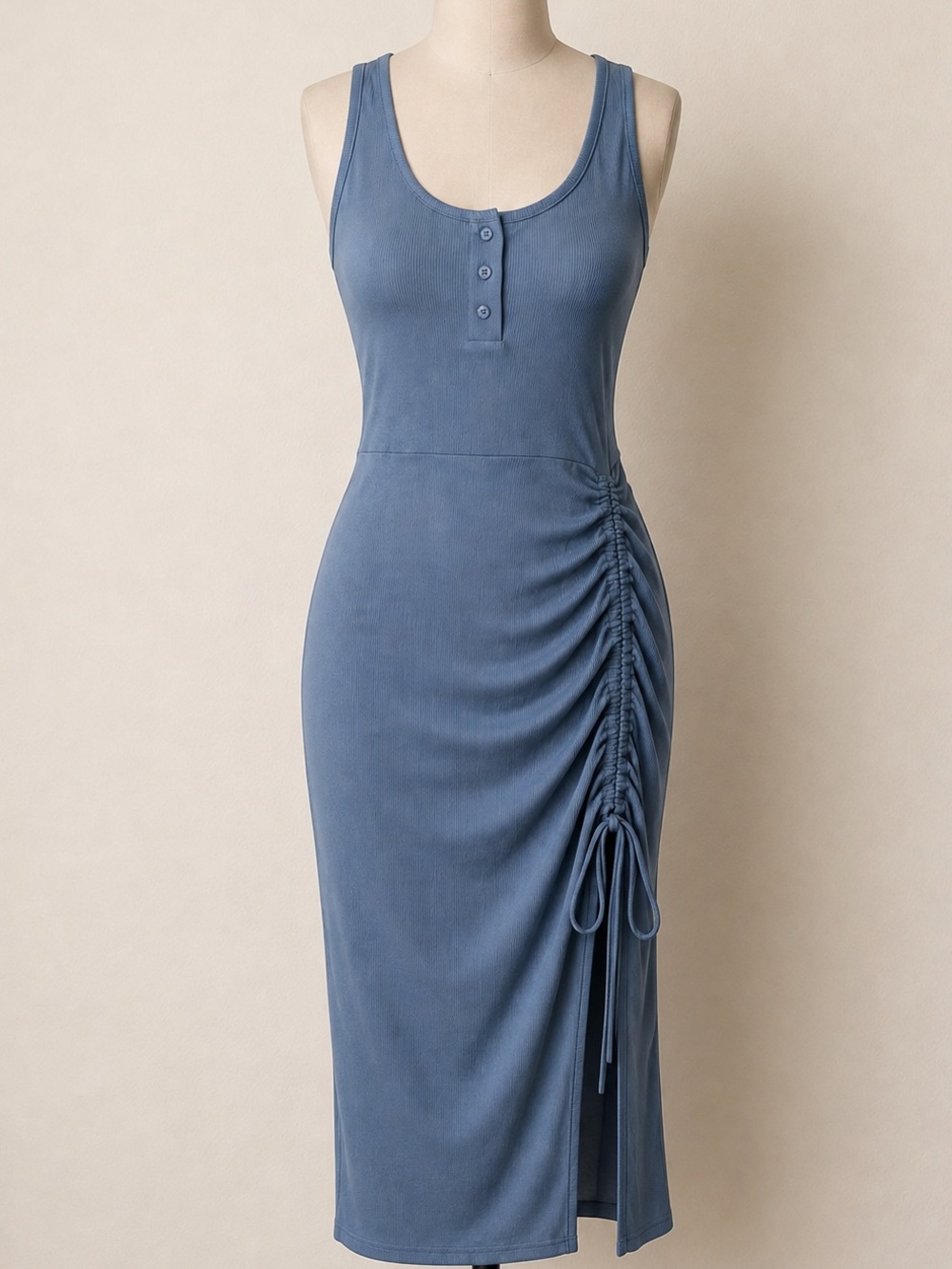 Fitted Ribbed Midi Dress with Side Ruched Detail - Light Blue - L